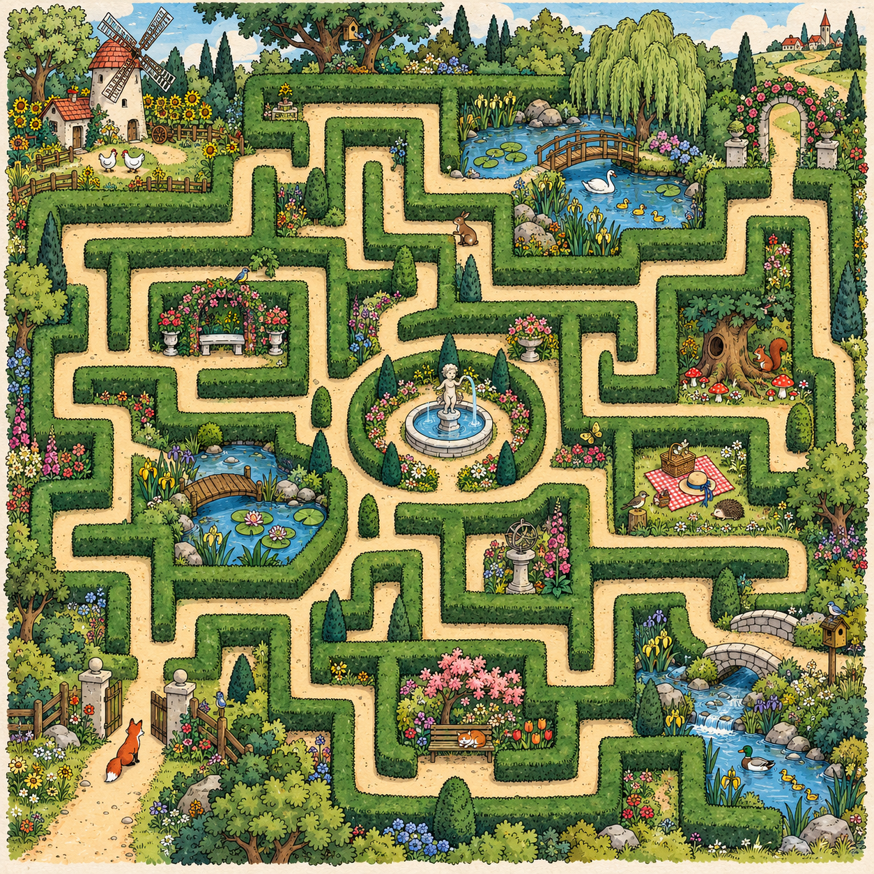 Whimsical illustrated garden maze with paths, flowers, ponds, and a fox